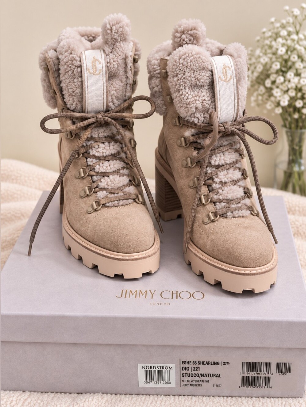 Jimmy Choo Eshe 65 Shearling Lace-Up Boots Size 37 1/2